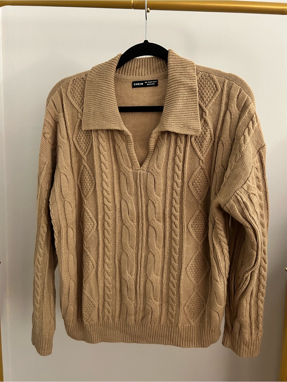 SHEIN Tan Cable Knit Collared V Neck Sweater Size L